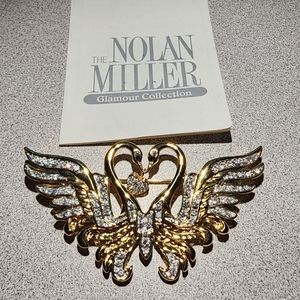 KISSING SWANS HEART NOLAN MILLER ENAMEL W RHINESTONES PIN BROOCH